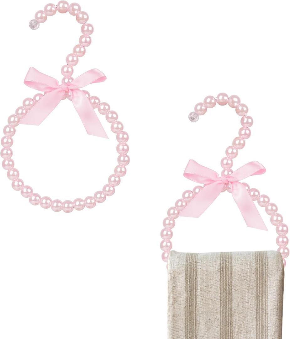 Pink White Pearl Scarf Hanger with Bow Accent, Pearl Beads Organizer for Scarves, Neckties, Shawls, Veils, and Silk (2Pcs)