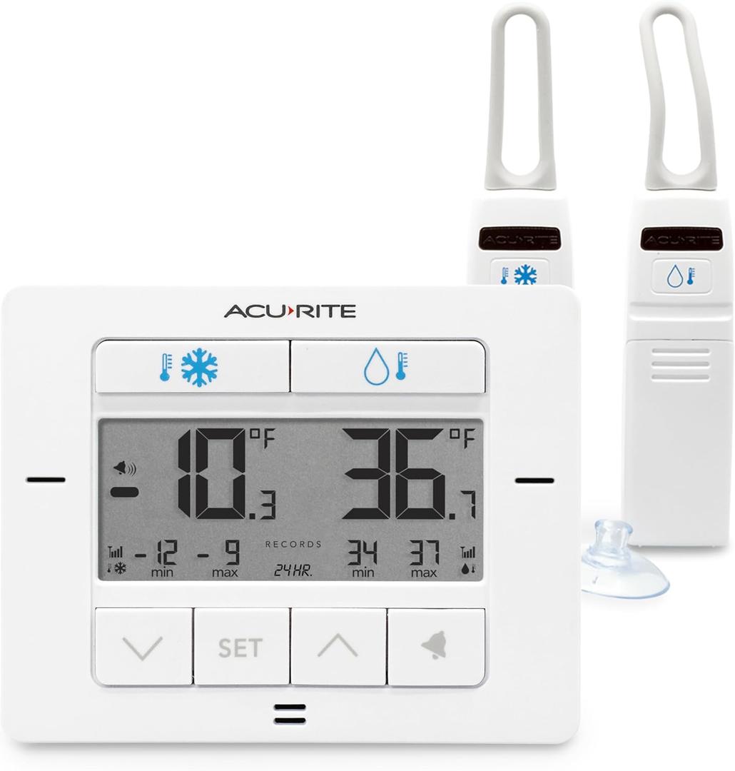 AcuRite Matte White Digital Wireless Fridge and Freezer Thermometer for Home and Restaurants with Alarm and High/Low Temperature Records (00523M)