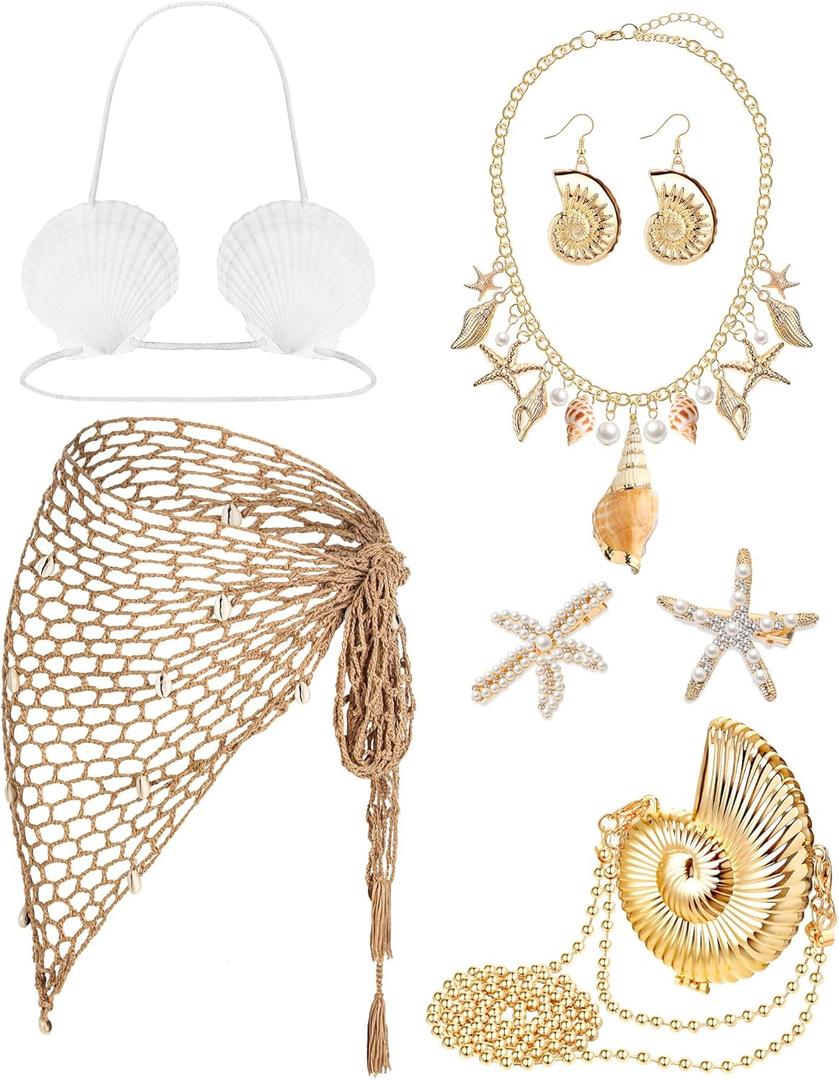7 Pcs Summer Mermaid Cosplay Costume Accessories Women Mermaid Outfit Crochet Skirt Shell Bra Necklace Earring