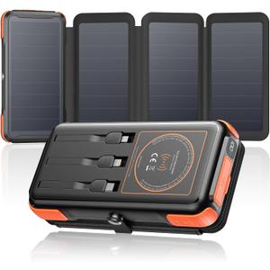 SOARAISE Wireless Solar Power Bank, 25000mAh Solar Charger with Built-in 3 Cables, Dual Outputs, 4 Solar Panels & 3 LED Flashlights, Portable Phone Charger for Outdoor Camping (Orange)