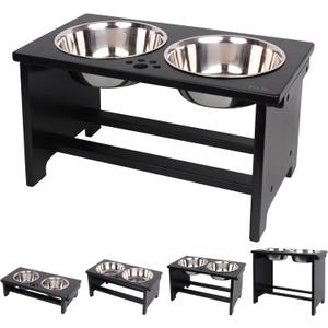 HTB Elevated Dog Bowls,Raised Dog Bowl Stand with 2 Stainless Steel Bowls,Elevated Raised Dog Bowls for Large Medium Small Sized Dogs (large-10"tall,48 Oz bowl, Black)