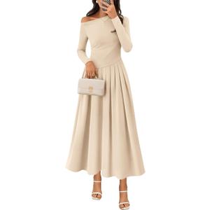 MEROKEETY Women's Fall Long Sleeve Wedding Guest Dresses 2025 One Shoulder Elegant Formal Pleated Midi Maxi Dress (Beige, S)
