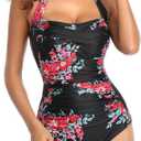 Smismivo Tummy Control Swimwear Halter One Piece Slimming Vintage Retro Swimsuit Womens Ruched Push Up Bathing Suit (Small)