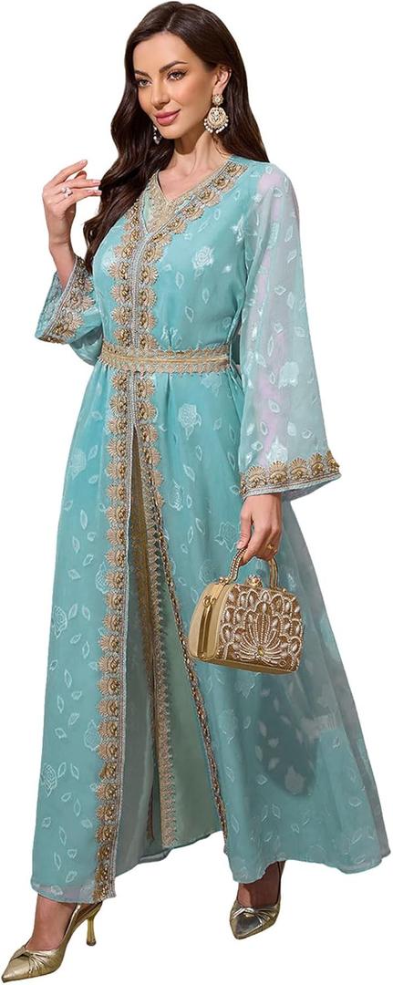 Abaya Dress for Women Muslim Moroccan Maxi Kaftan Dress Arabic Islamic Dubai Robe Ramadan Prayer Wedding Clothes (Teal, XS)