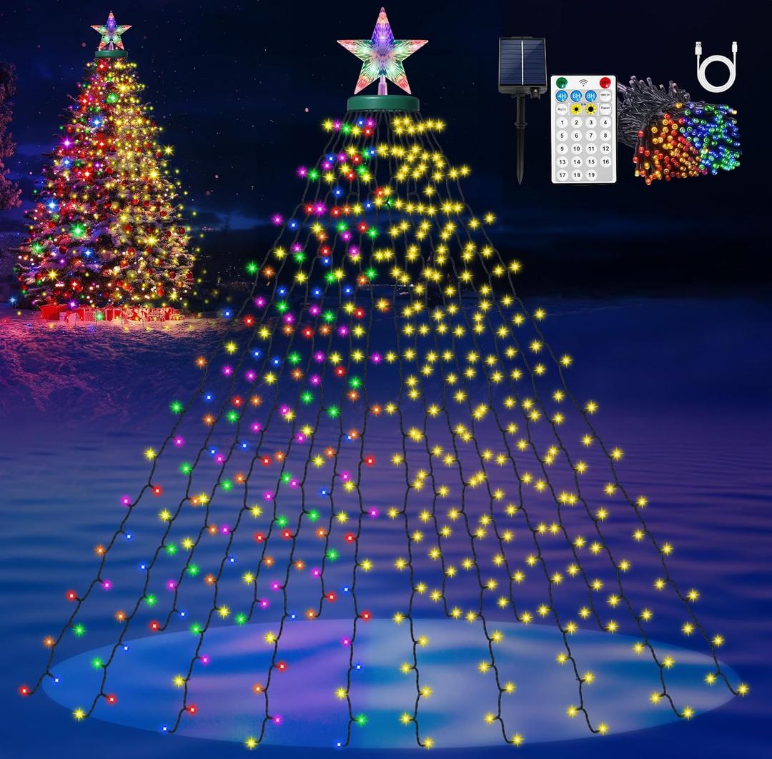 Solar Christmas Tree Lights with Star Topper, 410 LED 6.6FT x 16 Lines Christmas String Lights with 19 Models Timer Remote, Waterfall Tree Lights USB Powered for Xmas Tree(Warm White & Multi-Colored)