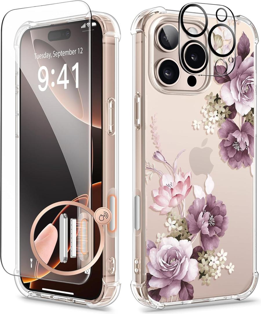 GVIEWIN for iPhone 16 Pro Max Case Floral, with Screen Protector&Camera Lens Protector,[Non Yellowing]Slim Shockproof Clear Phone Protective Cover for Women,Flower Pattern Design 6.9"(Cherry Blossoms)