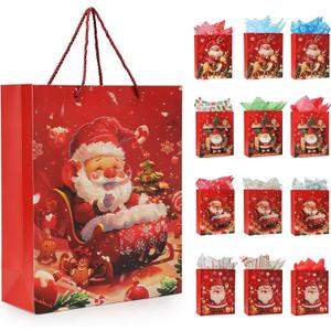 Rusikia Mini 12 Christmas Gift Bags with 12 Tissues Paper 1 Satin Ribbon, Red Party Favor Bags Bulk with Handles, Glittery Cute Father Christmas Goodie Bag for Wrapping, Present (Small 9"x7"x3")