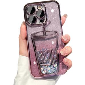 3D Bling Sparkle Plating Juice Bottle Designer Phone Case Compatible with iPhone 15, Cute Liquid Floating Gradient Glitter Quicksand Cup Phone Case Cover with Camera Protection for Women - Pink