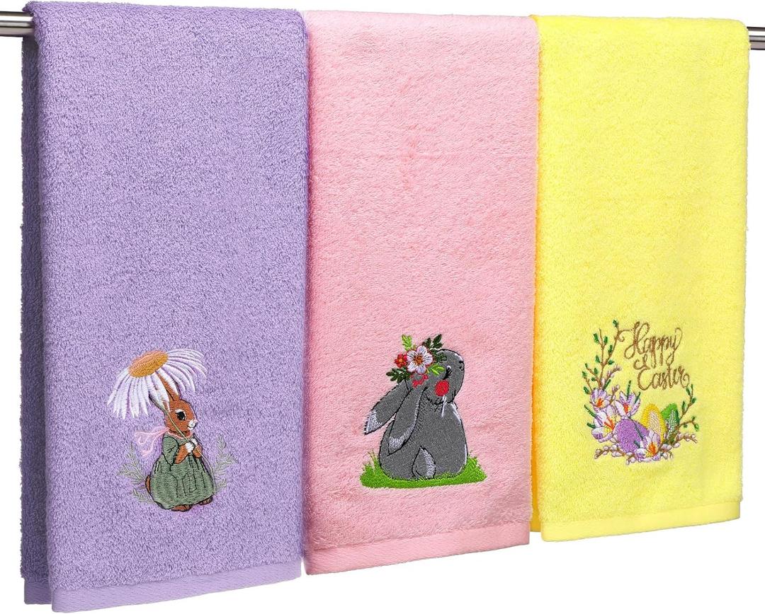 HunnmingRe 3 Pcs Easter Hand Towels for Bathroom 14'' x 29'' 100% Cotton Bathroom Towel Decorative Dish Set for Drying, Cleaning, Cooking, Towels Gift Set(Bunny,Yellow, Purple, Pink)
