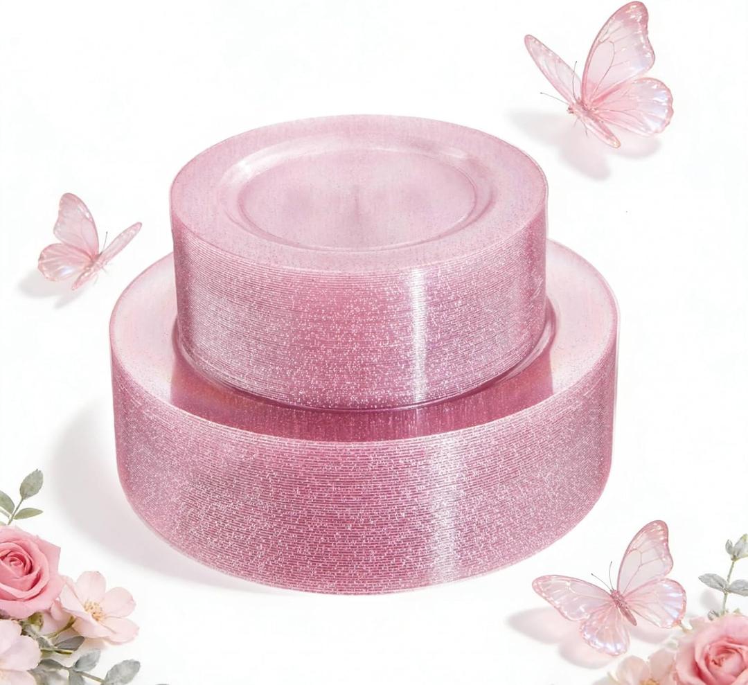 WDF 120pcs Pink Plastic Plates Disposable - Clear Pink Glitter Plates including 60PCS Dinner Plates 10.25inch and 60PCS Salad Plates 7.5inch for Wedding/Baby Shower/Spring/Birthday