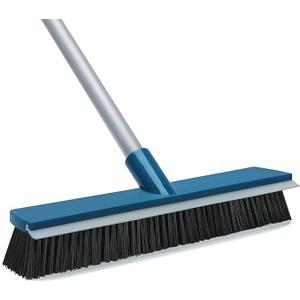 16-Inch Push Broom Outdoor with Rubber Squeegee and 58" Long Handle, 2 in 1 Commercial Broom Brush with Stiff Bristles for Deck Patio Garage Warehouse Driveway Concrete Floor Cleaning Scrubbing