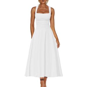 Kaximil Women's Square Neck Corset A Line Maxi Dress Ruffle Ruched Waist Flowy Long Dresses (White) L