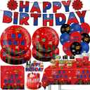 104Pcs Bithday Decorations, Red And Blue Themed Party Decorations, Including 1Happy Birthday Banner, 9 Balloons, 20 Napkins, 40 Plates, 1 Tablecloth, 1 Cake Toppers and 12 Cupcake Toppers