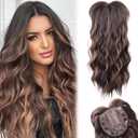 LEEONS Hair Toppers for Women - Synthetic Wavy Middle Part Hair Topper with Fringe Bangs - Brown Highlighted Caramel Blonde