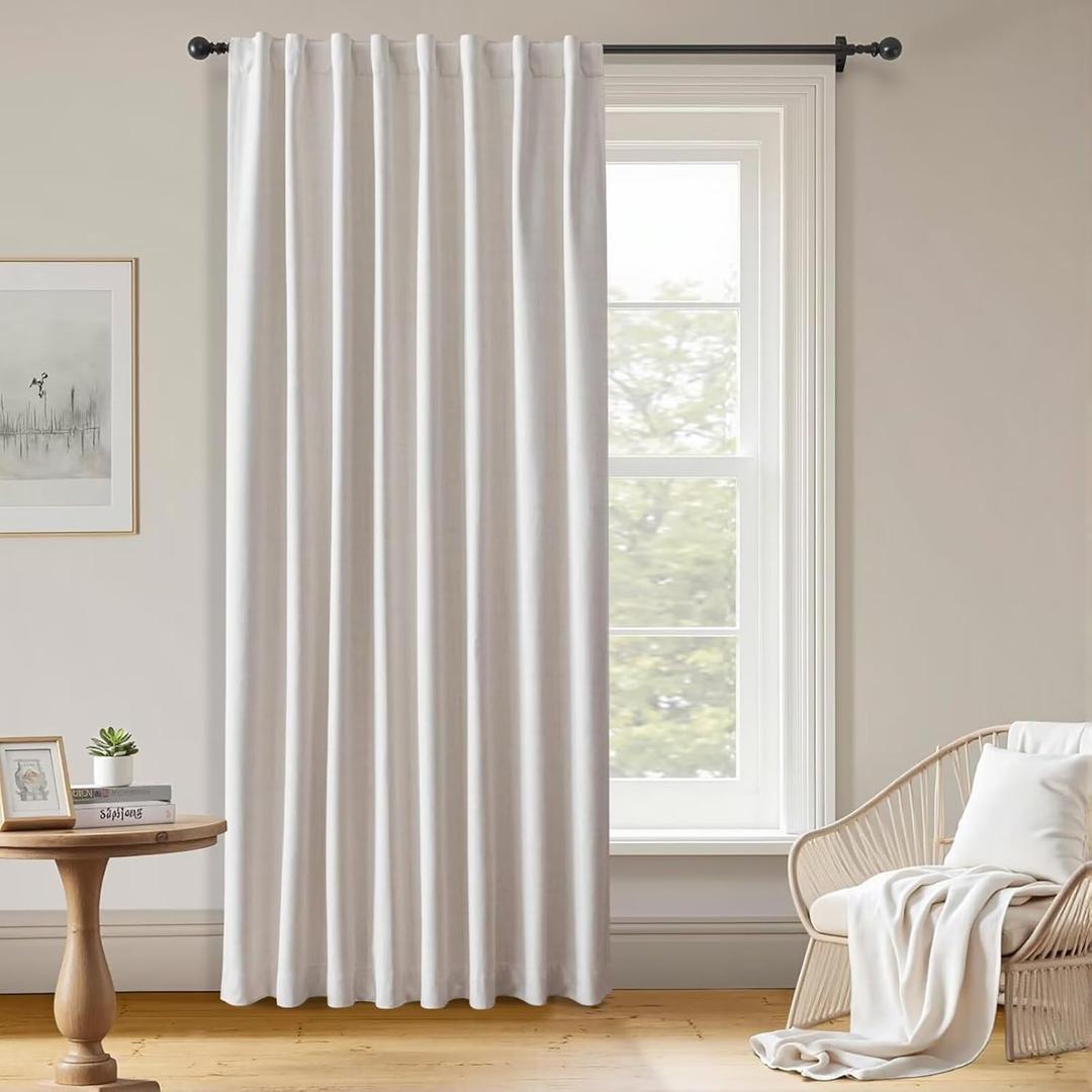 100% Blackout Curtains 90 inch Length 1 Panel Faux Linen Long Drapes for Bedroom Living Room Black Out Room Darkening Curtain Thermal Insulated Back Tab Rod Pocket(W70 x L90, Natural)