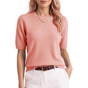 Saodimallsu Womens Short Sleeve Sweater Crew Neck Pullover Summer Lightweight Loose 2025 Knit Tops Dressy Casual Blouse (Pink, L)