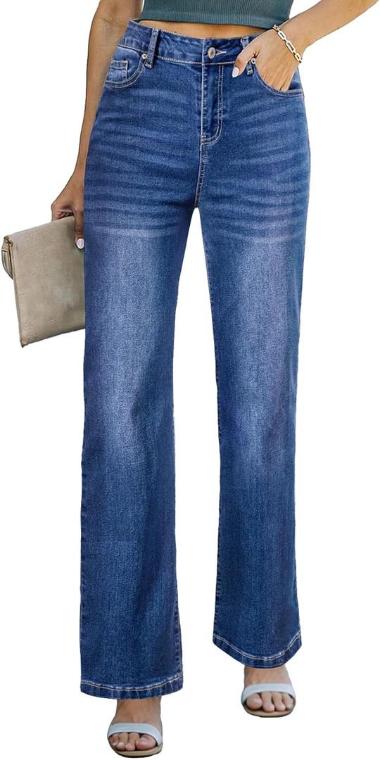 Sidefeel Women's Wide Leg Jeans Casual High Waisted Straight Zimbaplatinum Denim Pants with Pockets (14)