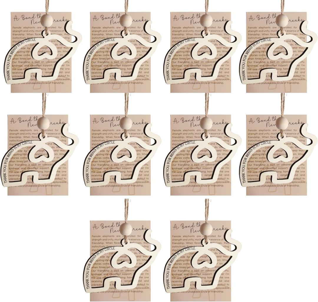 Friendship Elephant Ornament with Gift Card, Best Friend Birthday Gifts for Women, Decorative Hanging Ornament (Natural-10Pcs)