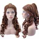 ANOGOL Hair Cap+ Long Wavy Brown Wig Women Princess Cosplay Wigs Prestyled Brown Ponytail Wigs Curly Auburn Updo Buns Hair for Halloween Costume Cosplay