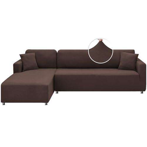 XINEAGE Sectional Couch Cover High Stretch L Shaped Sofa Cover 2 Pieces Non Slip Slipcover with Chaise Furniture Protector with 2 Pillowcases for Pets & Dogs (3 Seat Sofa + 2 Seat Chaise, Coffee)