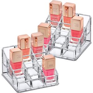Amazing Abby - Glamour - 2-Pack 9-Slot Acrylic Nail Polish Organizer, Lipstick Holder, Lip Gloss Organizer, Cosmetic Storage Display, Perfect Storage Solution for Drawer, Vanity, Bathroom, and More