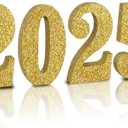 TONIFUL 4 Inch 2025 Gold Glitter Table Centerpiece Sign 2025 Number Word Sign,2025 Wooden Numbers Block for New Year Eve,Graduation,Chrismas,Anniversary Party Supplies