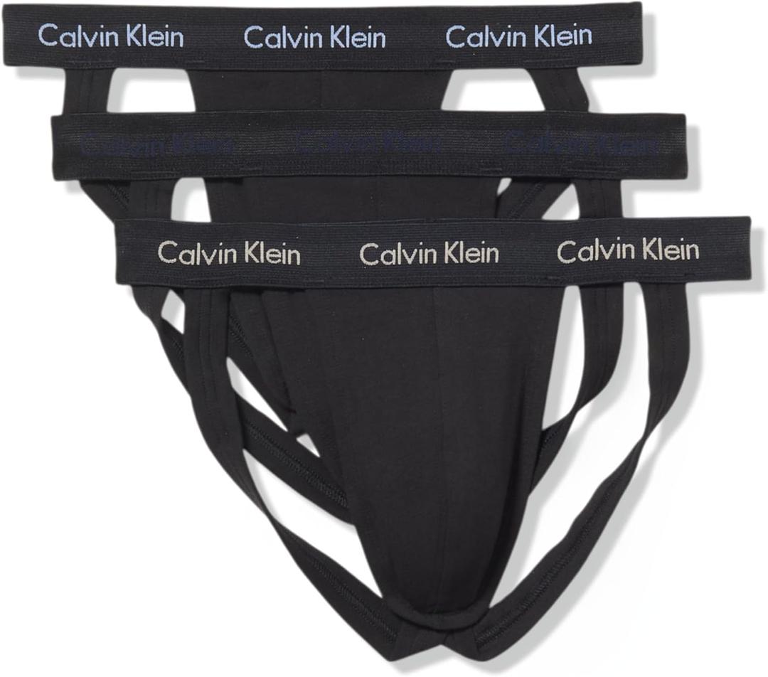 Calvin Klein Men's Cotton Stretch 3-Pack Jock Strap (Large, Black W/ New Navy, Vintage Khaki, Troposphere Logos)