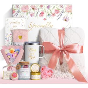 Valentines Day Gifts for Her Women Girlfriend Wife Daughter, 11 Pcs Birthday Gifts for Women Mom Her Best Friend Sister Grandma, Self Care Gift Get well Relaxing Spa Thank you Sympathy Gift Basket Set (Pink)