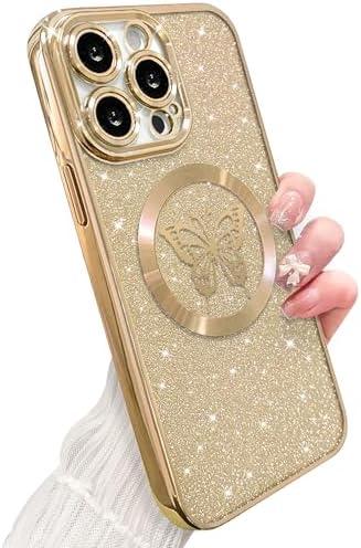 ZONRW for iPhone 13 Pro Case Magnetic,Soft Cute Luxury Butterfly Pattern Plating Glitter Bling Phone Case Compatible with MagSafe Clear Shockproof Back Cover for Women Girl 6.1"-Gold