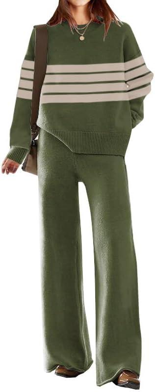 ETCYY NEW Womens Elegant Lounge Sets Knitted Sweatsuit Sets 2 Piece Outfits with Sweater Tops and Wide Leg Sweatpants (Small, Armygreen)