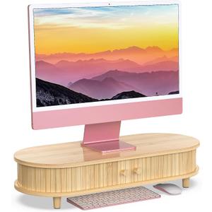 Bamboo Monitor Stand with Storage, Curved Computer Laptop Stand Desk Shelf Organizer with Sliding Doors (25 inch)