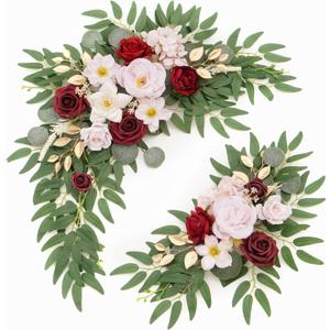 Faux Flower Swag Set of 2 for Wedding Welcome Signs Floral Swag Wedding Reception Ceremony Signs Decor (A-Burgundy Pink)