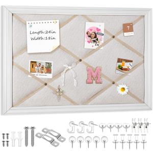 Pinkunn 18" x 24" Linen Fabric Bulletin Board with Ribbon Wall Decor, White