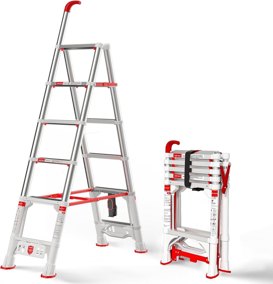 A-Frame Telescoping Extension Ladder，5.4FT Folding Step Stool with Safety Lock，Foldable Aluminum Ladder, Heavy Duty 6 Step Ladder 600lbs Capacity for Home Use