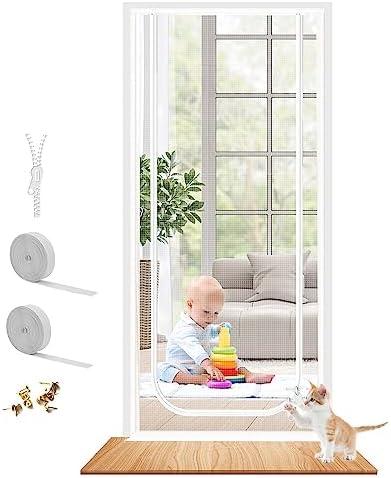 Dixutzi Reinforced Cat Screen Door Fits Door Size 38''x 82'', Heavy Duty Pets Proof Screen Door with Zipper, Prevent Dogs Cats Running Out from Home (White)