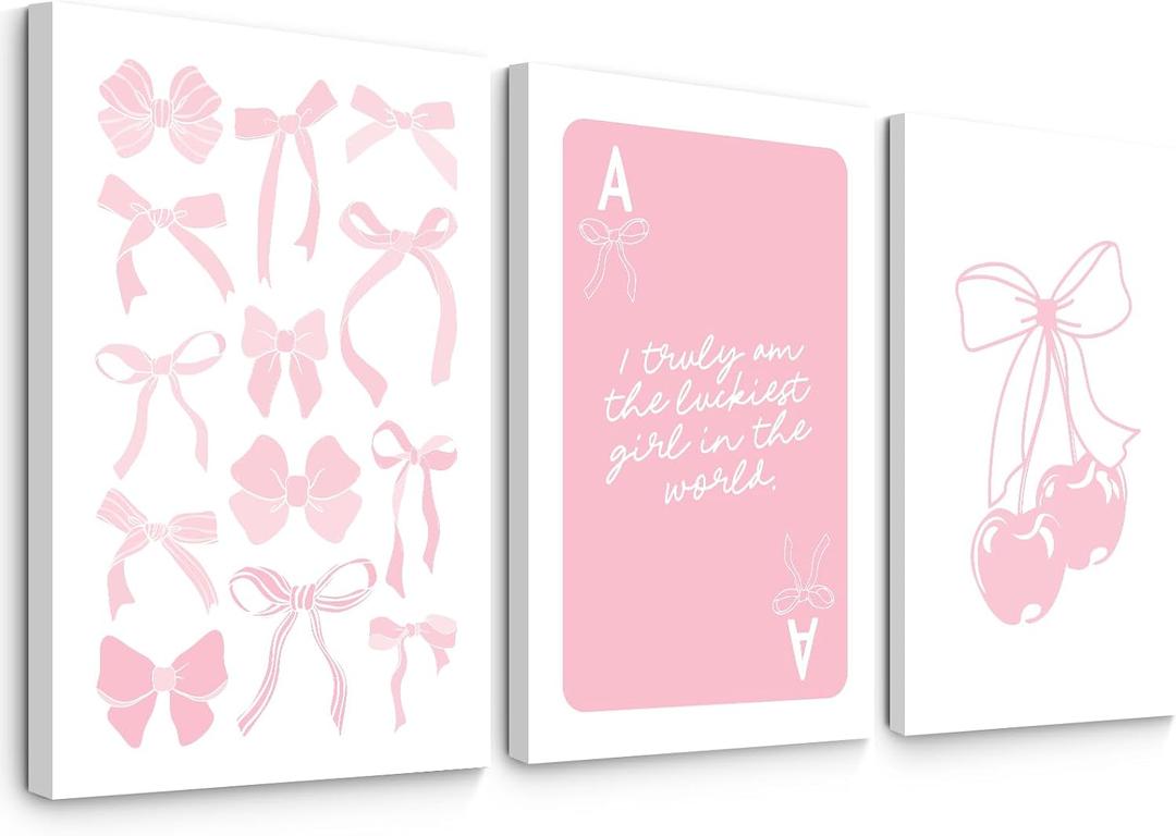 Coquette Wall Decor Pink Bow Wall Art Girl Room Canvas Posters Preppy Aesthetic Wall Decor Pictures Trendy Pink Wall Art Coquette Cherry Print for Girly Room Bedroom 12x16 Inch Framed Set of 3