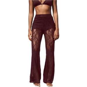 RoseSeek Women's Floral Lace Sheer Mesh Flare Pants Elastic High Waisted Long Trousers (Red, XS)