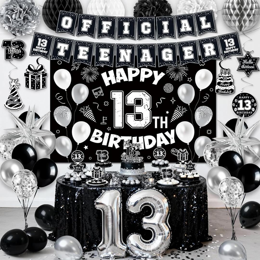 13th Birthday Decorations for Boys, 45Pcs Black White Official Teenager Decorations Include Happy 13th Birthday Backdrop Hanging Swirls 32inch 13 Foil Balloons for Boy Girl Birthday Decor