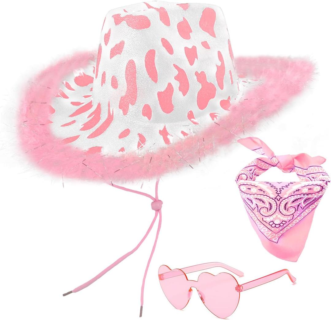 Cow Print Cowboy Hat with Feathers, Heart Sunglasses and Bandana for Women Western Party Cowgirl Costume Accessory (Pink & White)