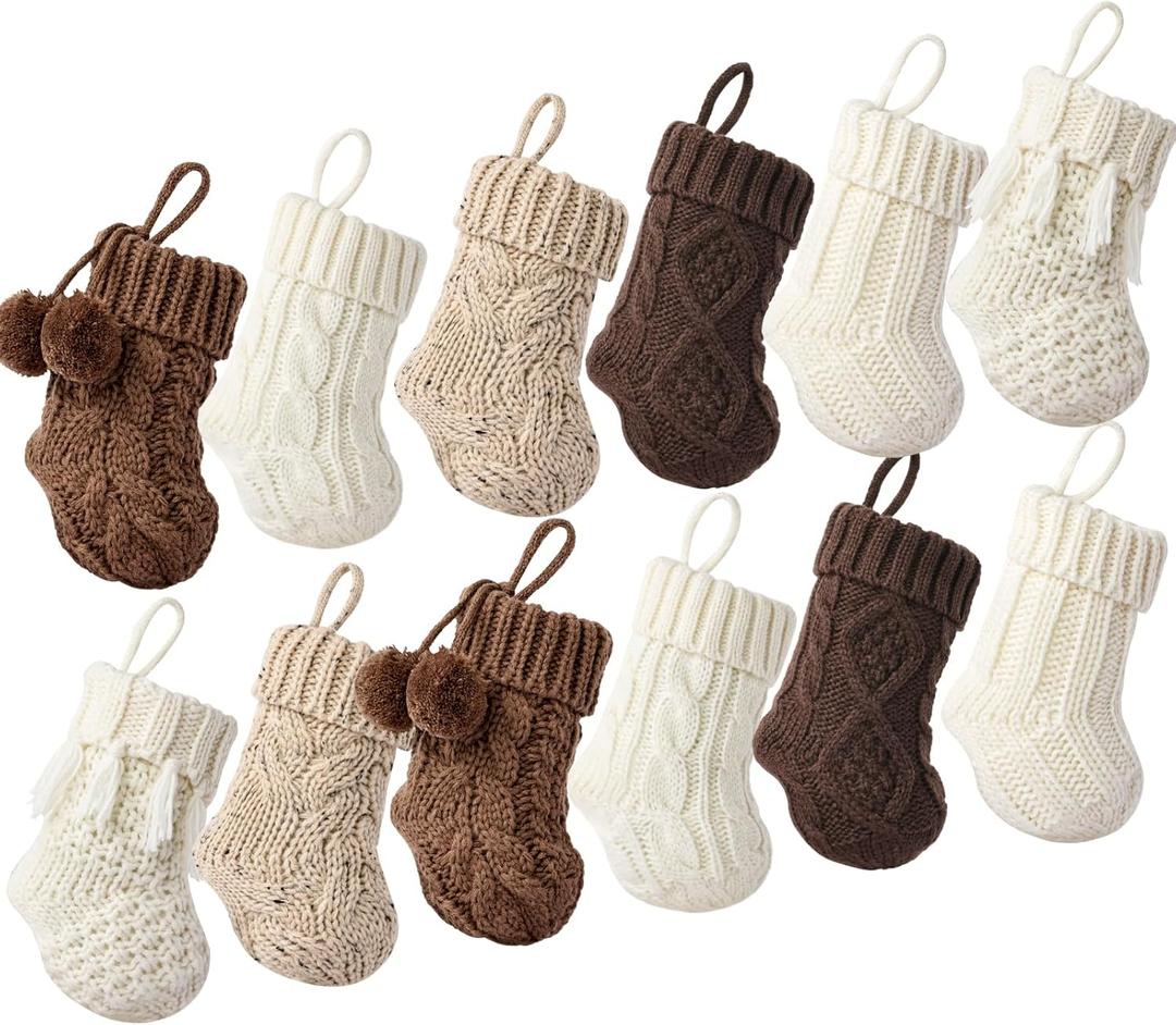 Farmhouse Knitted Mini Christmas Stockings: 12 Pack 7 Inch Earth Tones Neutral Cable Knit Fireplace Stockings, Rustic Cozy Hanging Xmas Stocking Decorations for Family Holiday Dcor, White Beige Brown