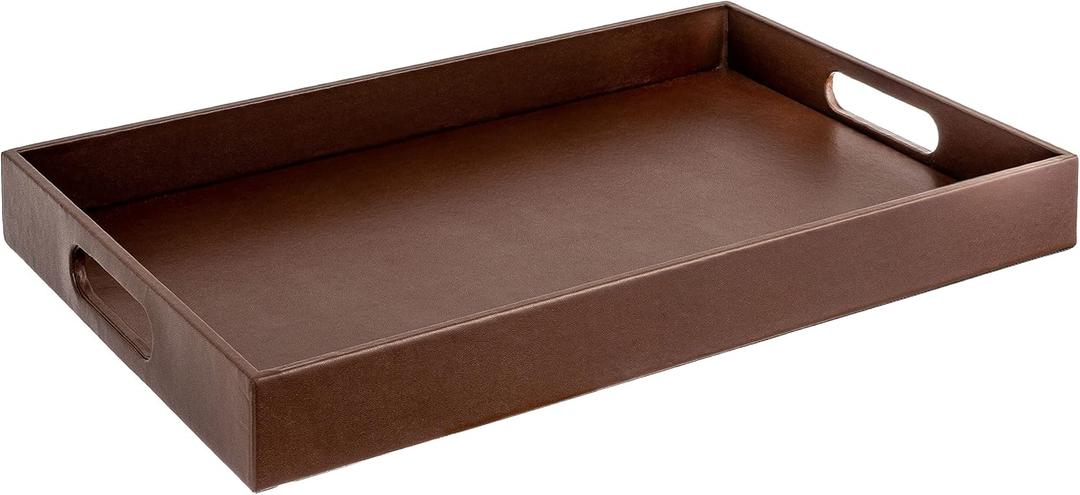 Beautiful Modern Elegant 17.5"x12" Rectangle Classic Brown Faux Leather Decorative Tray Ottoman Coffee Table Perfume Living Room Kitchen Serving Tray with Handles for All Occasion's