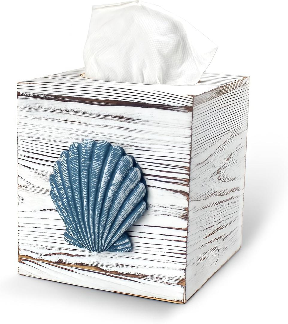 Coastal Tissue Box Cover Wooden Retro with Sliding Bottom Panel Beach Decor for Bathroom Bedroom Living Room,Seashell Decor Suitable for Coastal Gifts Beach House Gifts