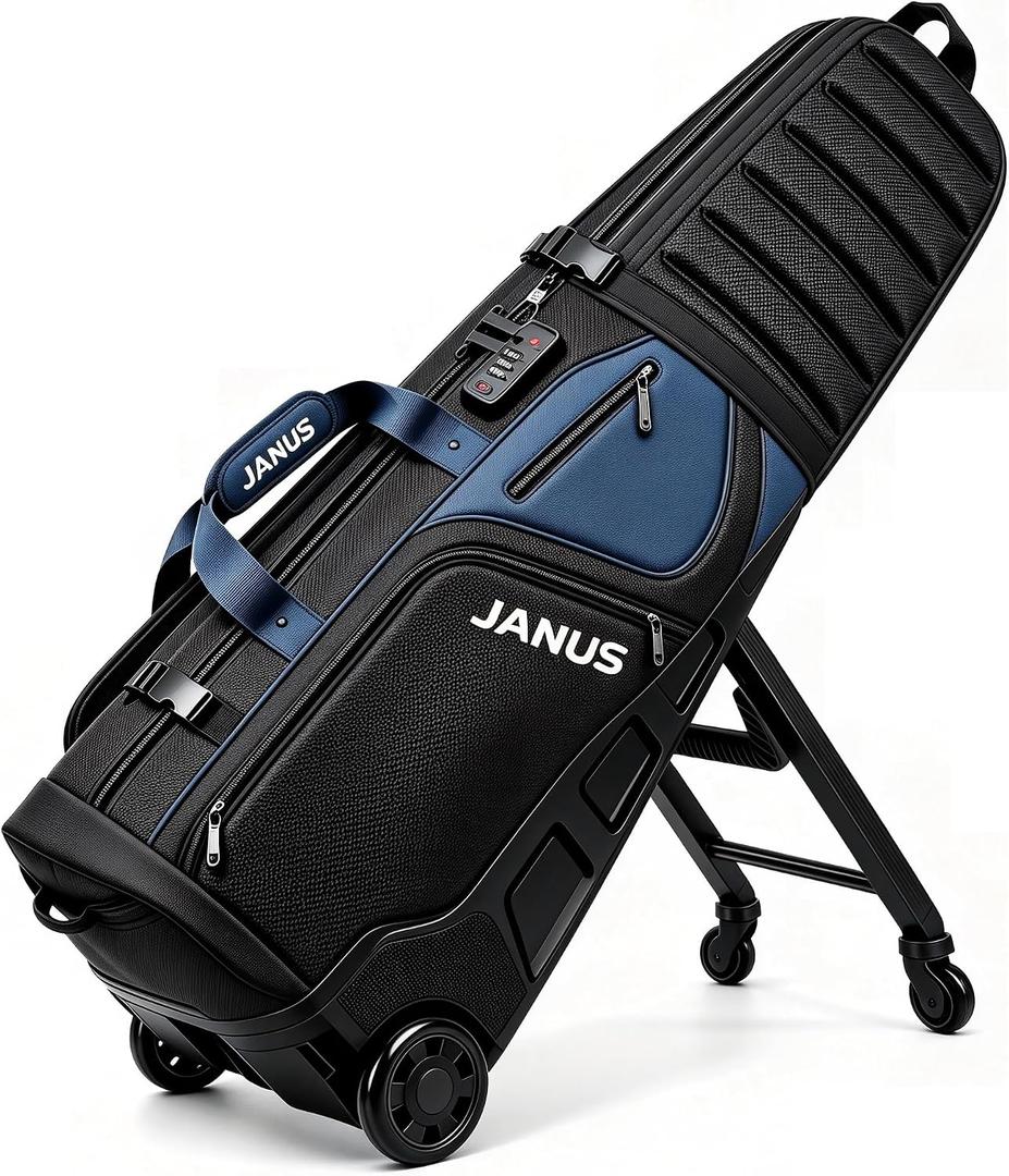 JANUS Driver Series Golf Travel Bag with Wheels for Airlines, Built-In TSA Lock, Raised-Rib Clubhead Impact Protection, Rigid-Base One-Step Hands-Free 4-Wheel System, Fits Most 14-Way Cart Bags, One Size