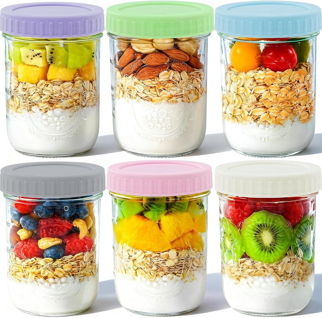 Miuyhji Overnight Oats Containers with Lids, 6-Pack Glass Mason Jars 16 oz with Lids Wide Mouth, Reusable Food Storage Containers for Snack, Chia Pudding, Yogurt, Meal Prep, Salad