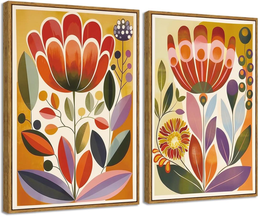 Framed 2pcs Scandinavian Folk Wall Art Nodic Flower Orange Canvas Boho Wall Decor Swedish Antique Vintage Floral Prints Modern Norwegian Posters Pictures for Living Room Bedroom Home Decor 24"x16"x2