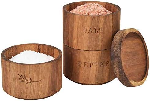 Acacia Wood Salt Pepper Shaker Set Cellar 3 piece Stacking Spice Box