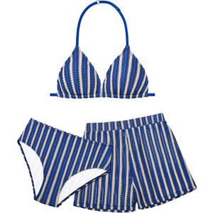 Girls Swimsuit 3 Piece Bathing Suit Criss Cross Bikini Set Girls' Swimwear with Shorts 7-16T (Blue)
