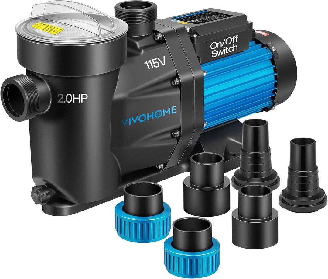 VIVOHOME Self Primming in/Above Ground Swimming Pool Pump w 1.25'' & 1.5" & 2.0'' Unions Energy Saving w/Strainer Baske, 6950 GPH