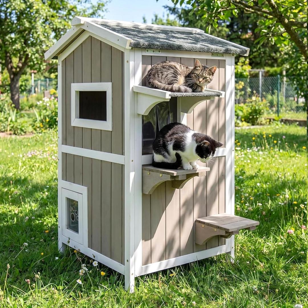 Cat Houses for Outdoor Cats, Weatherproof 2-Story Wooden Cat Shelter for Indoor & Outdoor Cats, Raised Feeding Station, Escape Door, Jumping Platforms, Elevated Floor & Asphalt Roof