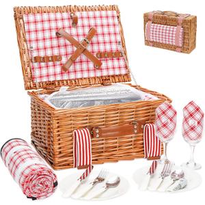 Wicker Picnic Basket for 2 with Large Insulated Cooler Compartment and Waterproof Picnic Blanket, Cutlery Service Kits, Wicker Picnic Hamper for Camping, Valentine Day,Thanks Giving,Birthday(Red) (15x11x7.5inch)
